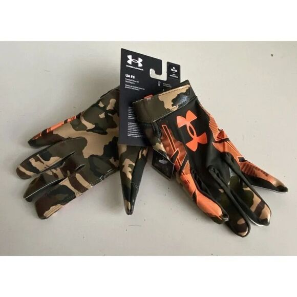 Under Armour Men's UA F8 Novelty Football Gloves 1370840-310 Orange Camo Sz L - Picture 1 of 10